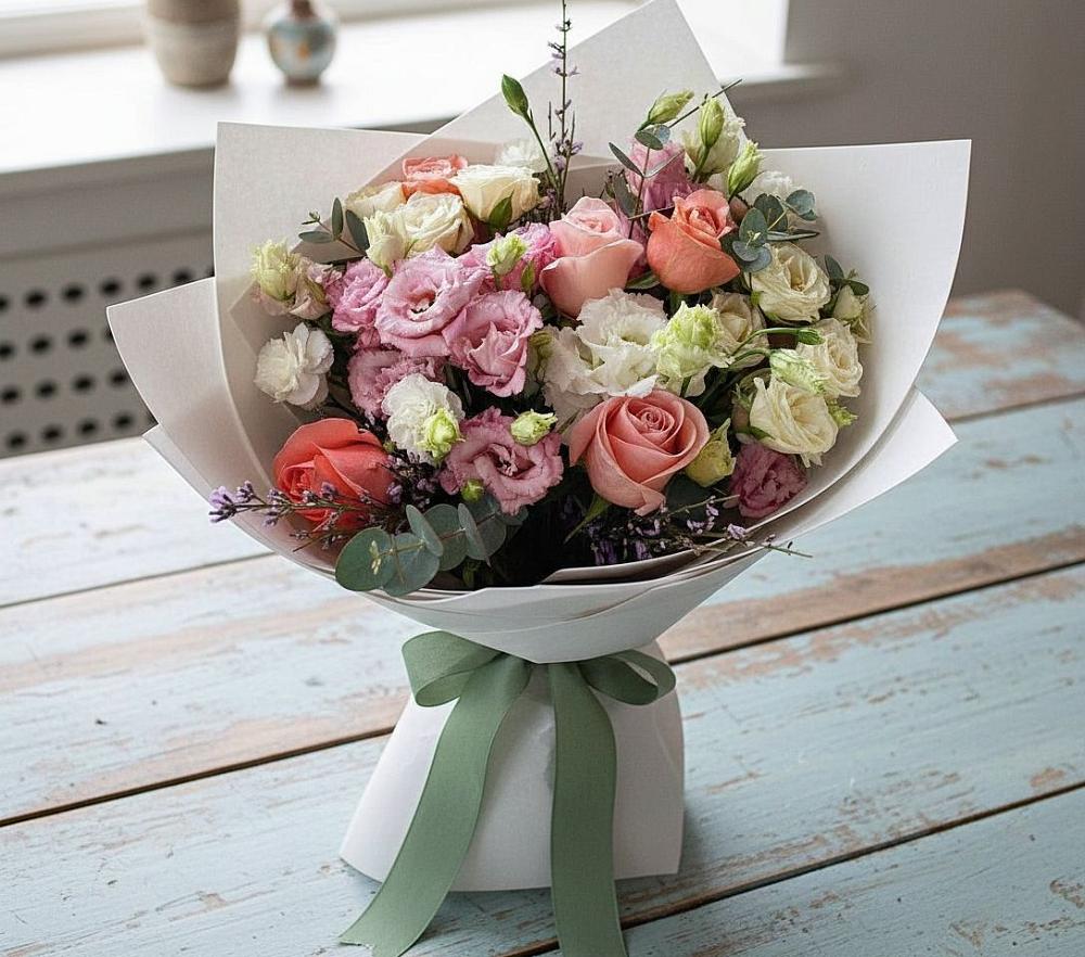 Букет цветов из: Розы, Лизиантусы и Гвоздики в Богандинском