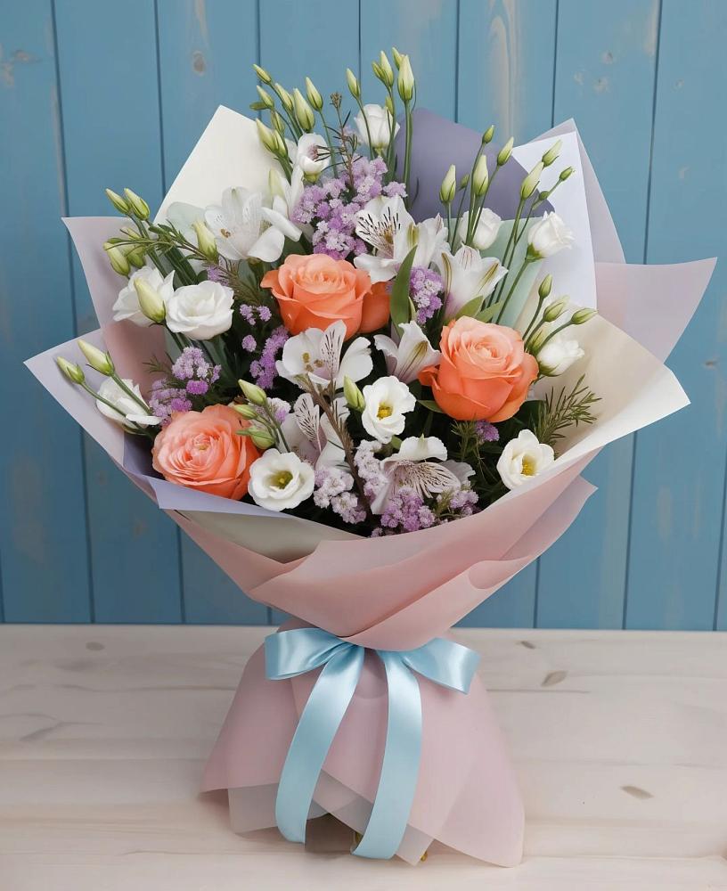 Букет цветов из: Лизиантусы, Розы, Альстромерии и Гипсофила в Богандинском