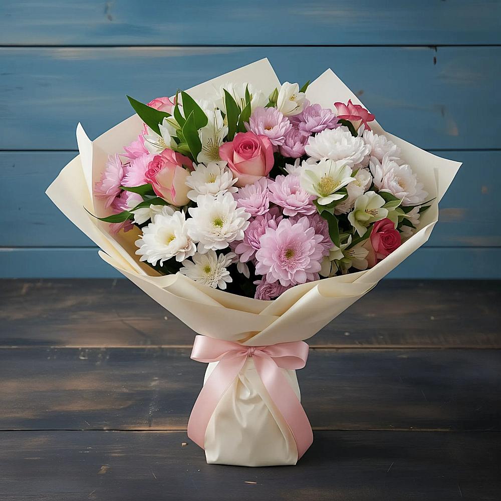 Букет цветов из: Хризантемы, Альстромерии и Розы в Богандинском